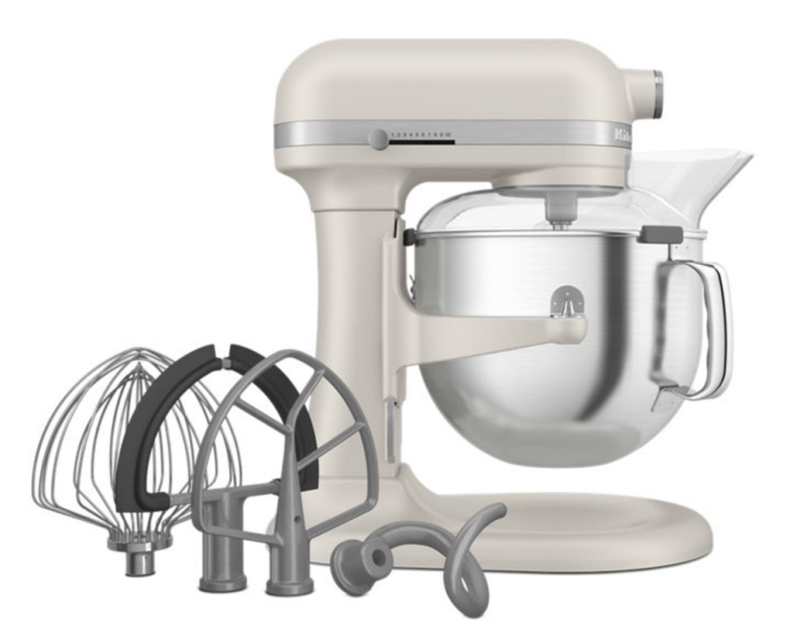 image of the KitchenAid 7-Quart stand mixer shown in color "milkshake" with all of the accessories that it comes with.